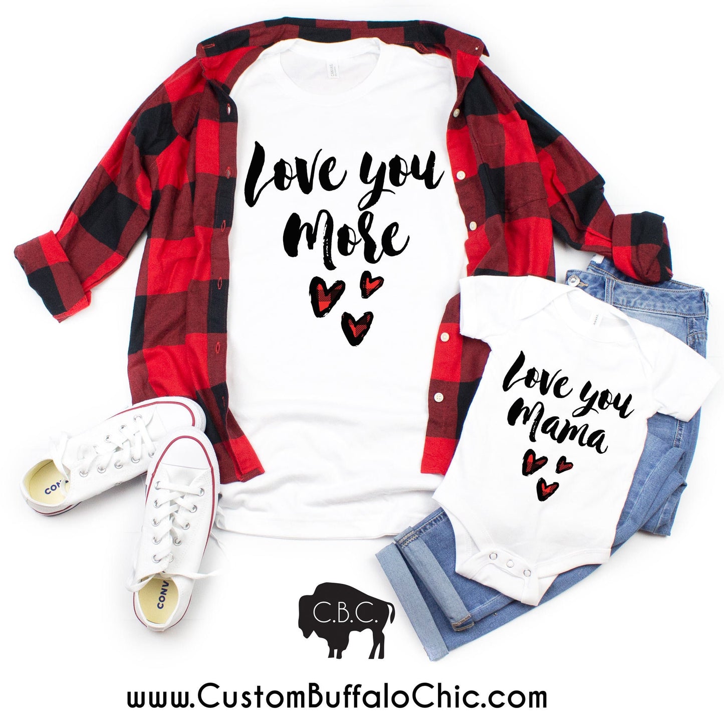 Love you Mama Love you More Mommy & Me Valentine's Day Shirt Set