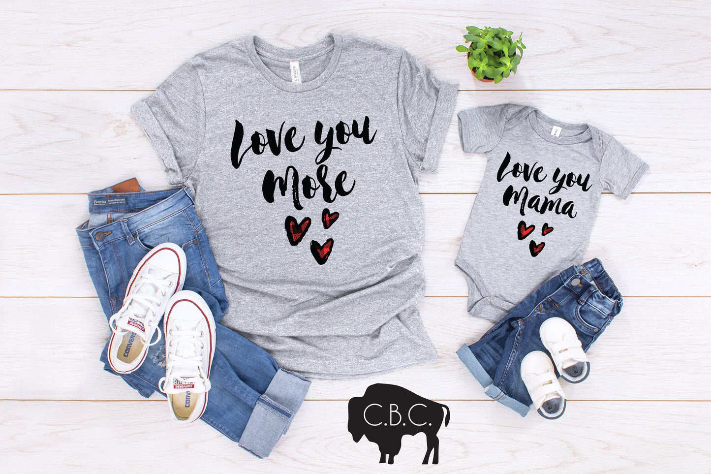 Love you Mama Love you More Mommy & Me Valentine's Day Shirt Set