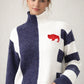Buffalo Cozy Oversized Color Block Mockneck Sweater, Heather Navy Cream Embroidered Detail