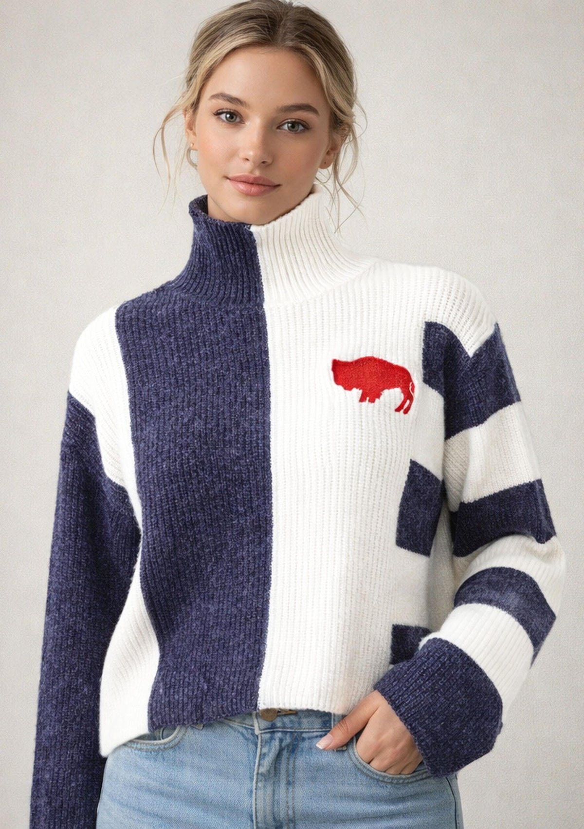 Buffalo Cozy Oversized Color Block Mockneck Sweater, Heather Navy Cream Embroidered Detail