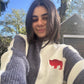 Buffalo Cozy Oversized Color Block Mockneck Sweater, Heather Navy Cream Embroidered Detail