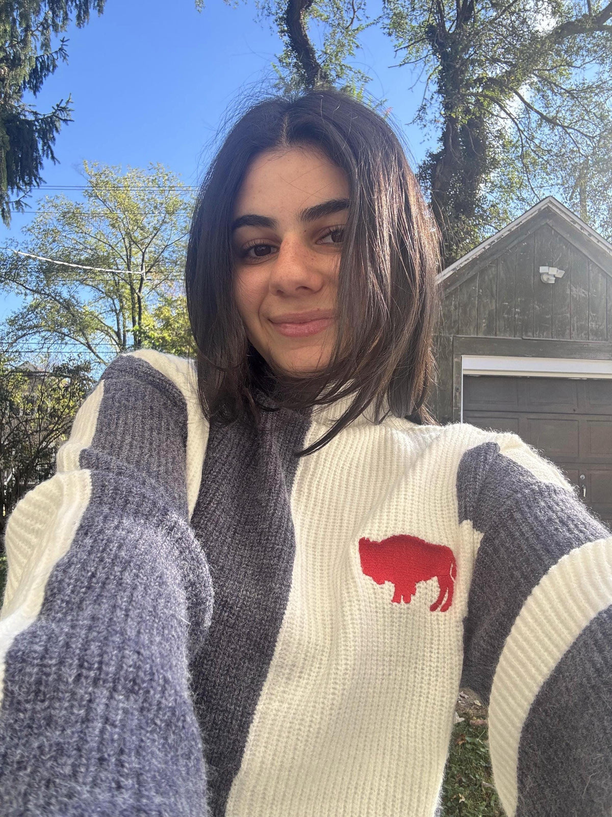 Buffalo Cozy Oversized Color Block Mockneck Sweater, Heather Navy Cream Embroidered Detail