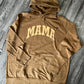 MAMA Sweatshirt | Varsity 3d Puffy Text Tan on Vintage Camel Hoodie | Vintage Black Mineral Wash on Black