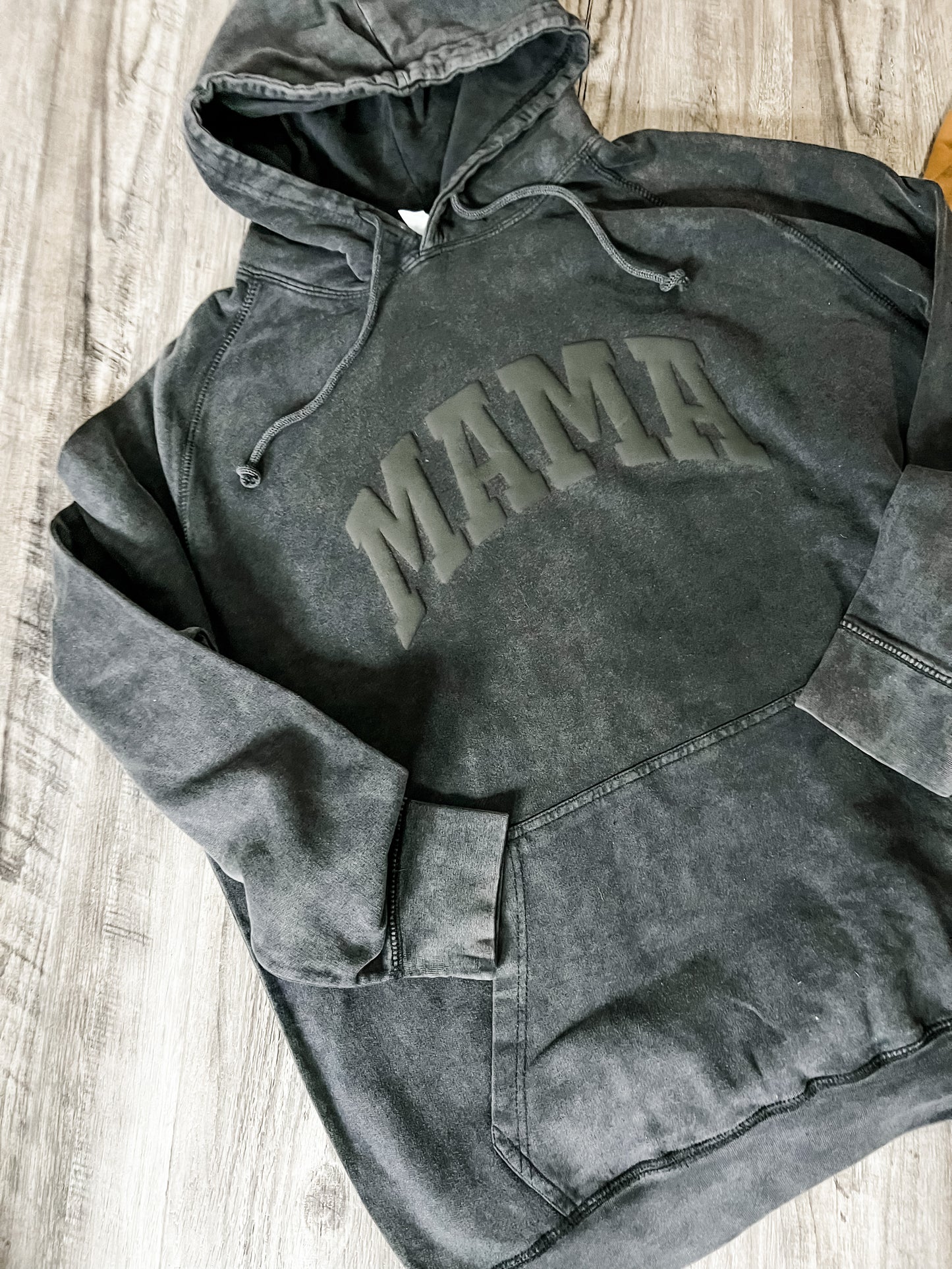 MAMA Sweatshirt | Varsity 3d Puffy Text Tan on Vintage Camel Hoodie | Vintage Black Mineral Wash on Black