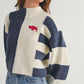 Buffalo Cozy Oversized Color Block Mockneck Sweater, Heather Navy Cream Embroidered Detail