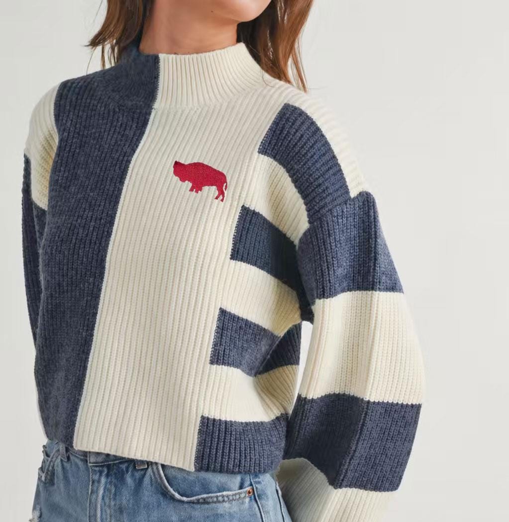 Buffalo Cozy Oversized Color Block Mockneck Sweater, Heather Navy Cream Embroidered Detail