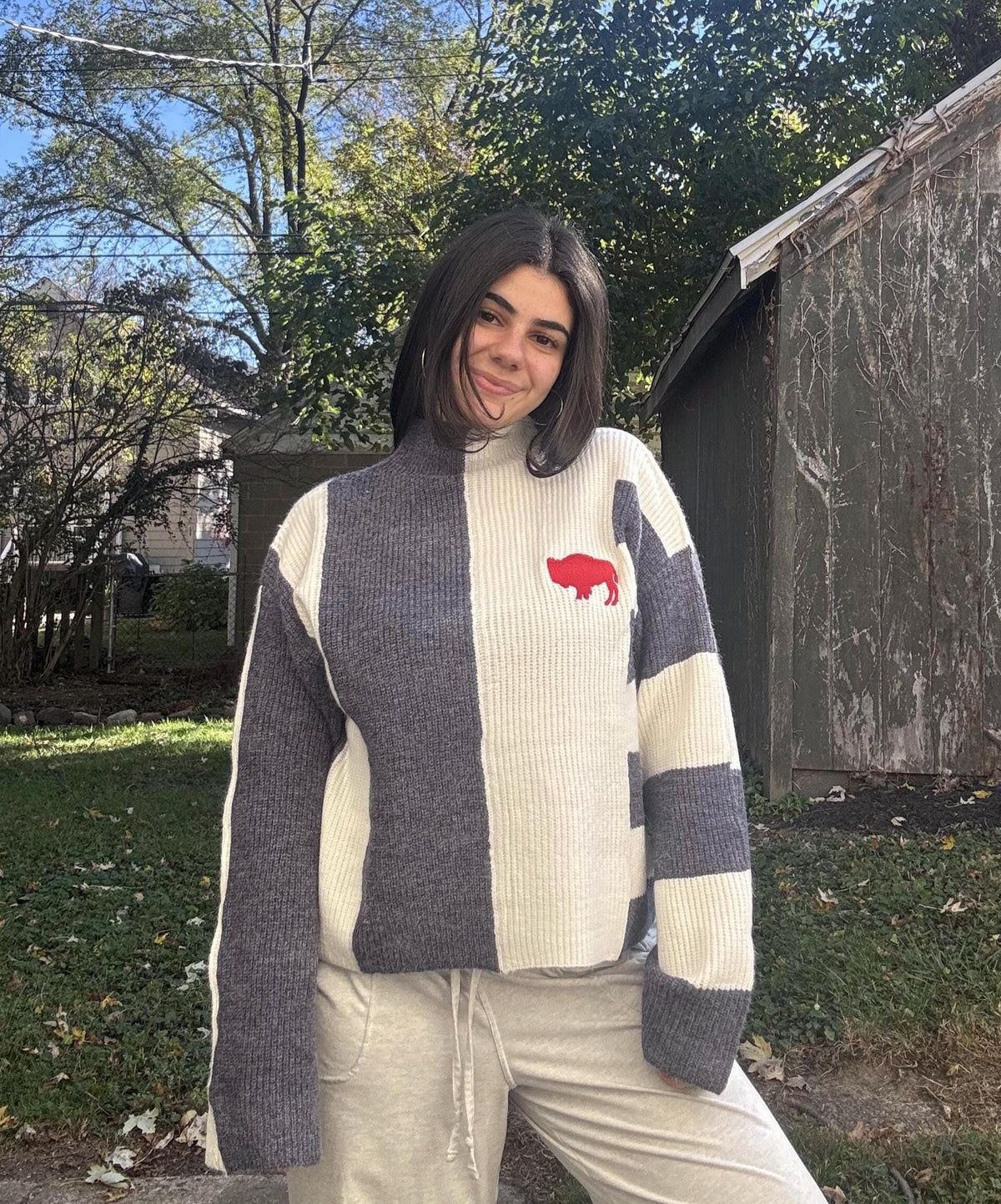 Buffalo Cozy Oversized Color Block Mockneck Sweater, Heather Navy Cream Embroidered Detail