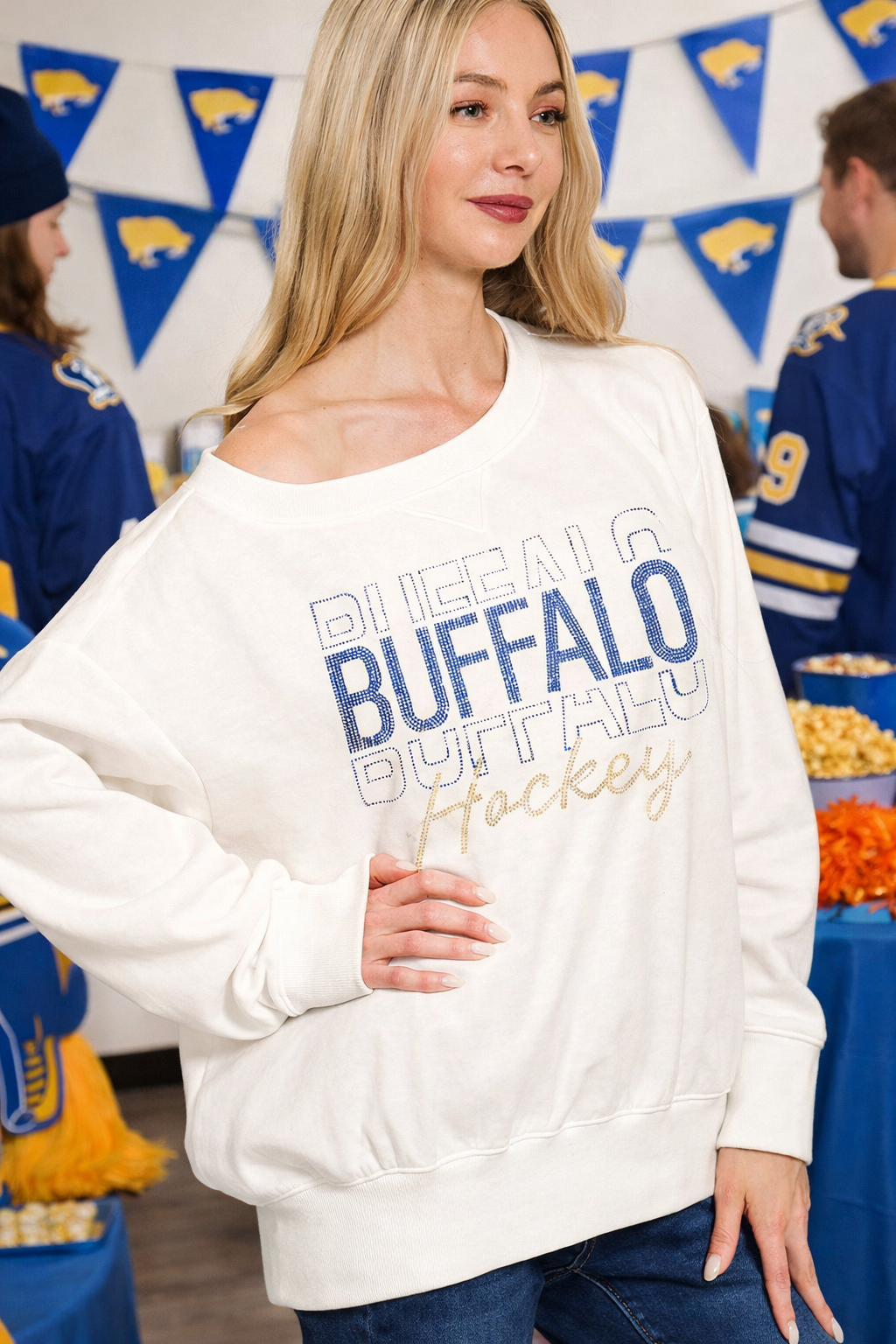 Buffalo Hockey Boat Neck off the Shoulder Slouchy Sweater