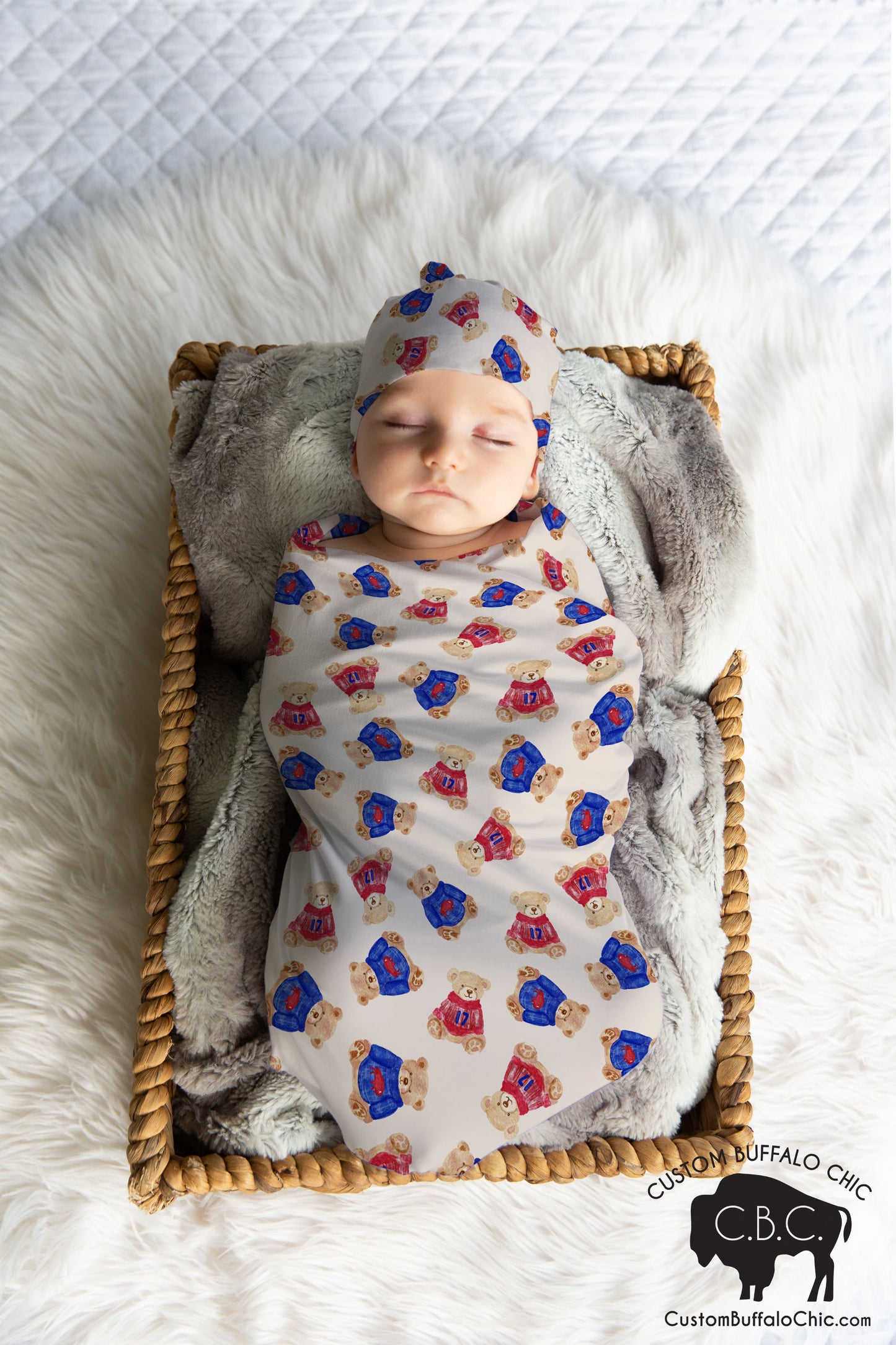 Buffalo Bear Baby bamboo swaddle and hat set