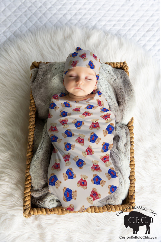 Buffalo Bear Baby bamboo swaddle and hat set