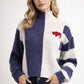 Buffalo Cozy Oversized Color Block Mockneck Sweater, Heather Navy Cream Embroidered Detail