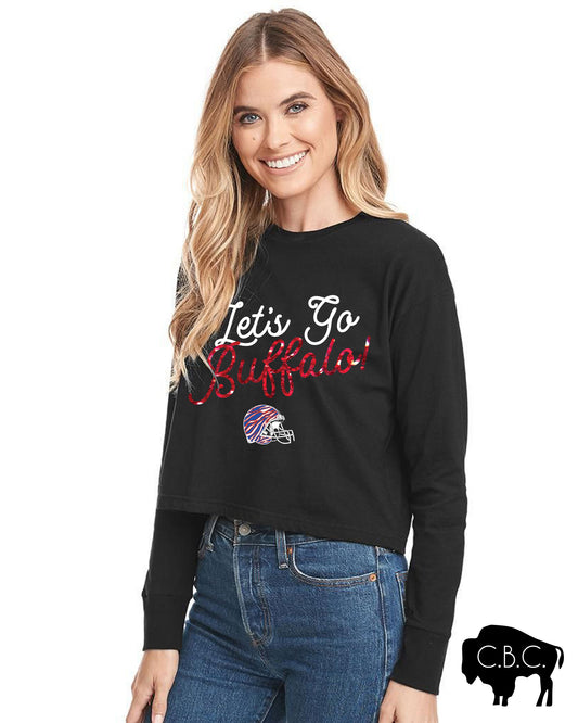 Let's Go Buffalo Script Football Long Sleeve Black Crop Top
