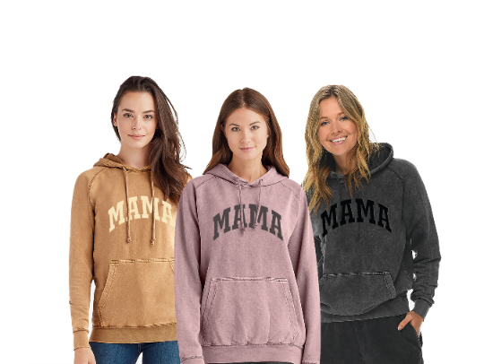 MAMA Sweatshirt | Varsity 3d Puffy Text Tan on Vintage Camel Hoodie | Vintage Black Mineral Wash on Black
