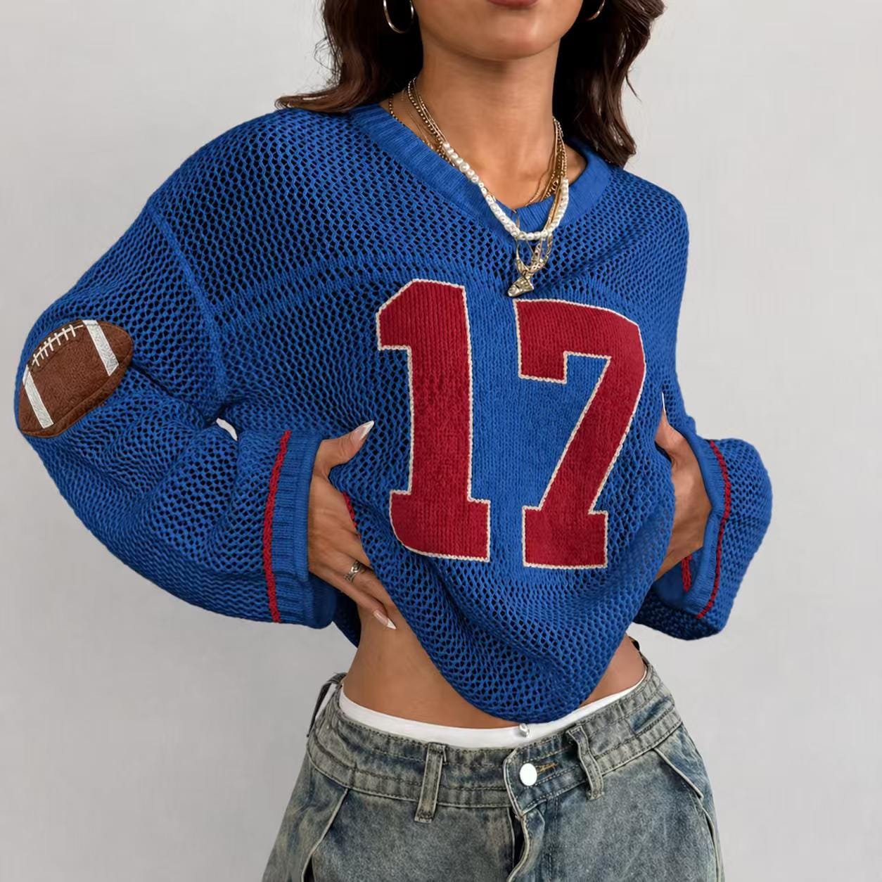 Buffalo Football Knit Sweater – Red & White 17 Mesh Sleeve Game Day Top