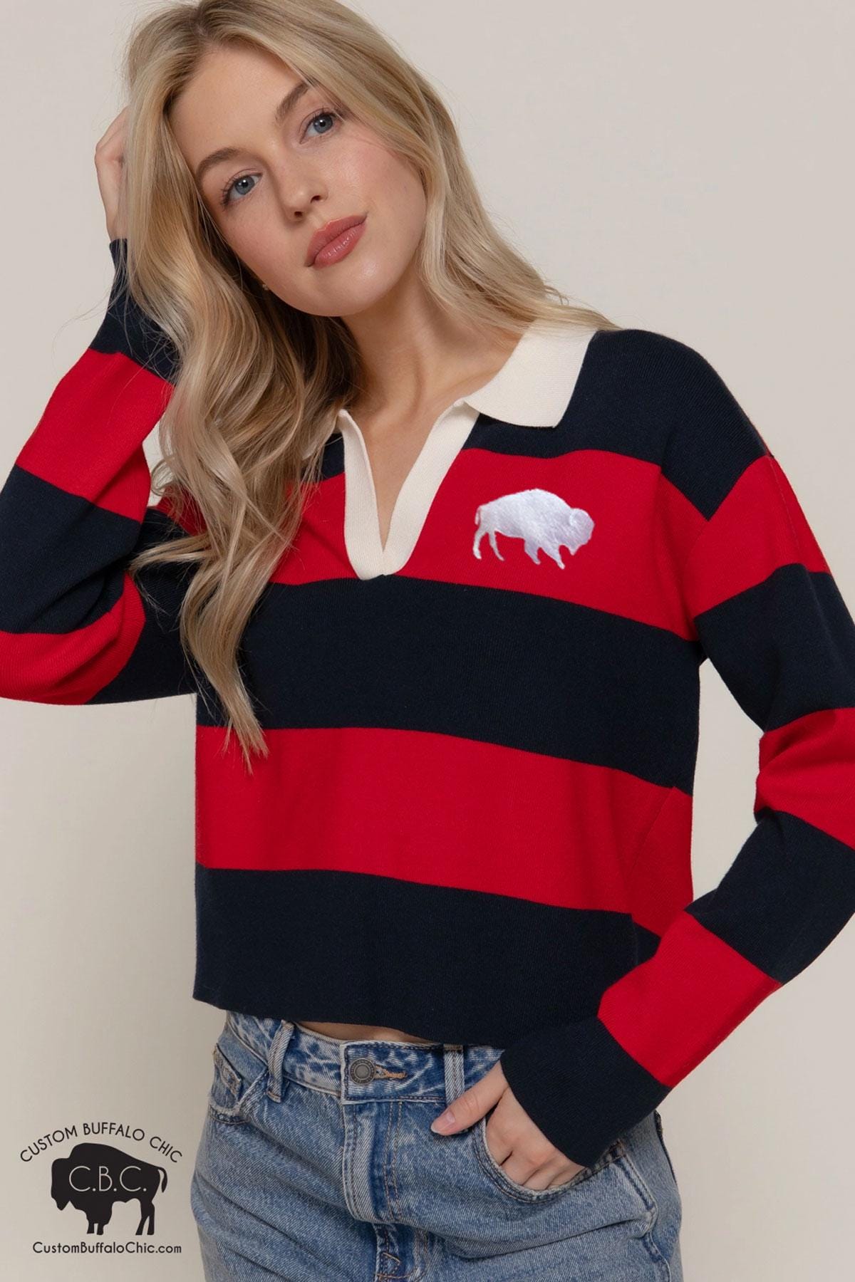 Buffalo Embroidered Crop Rugby Sweater