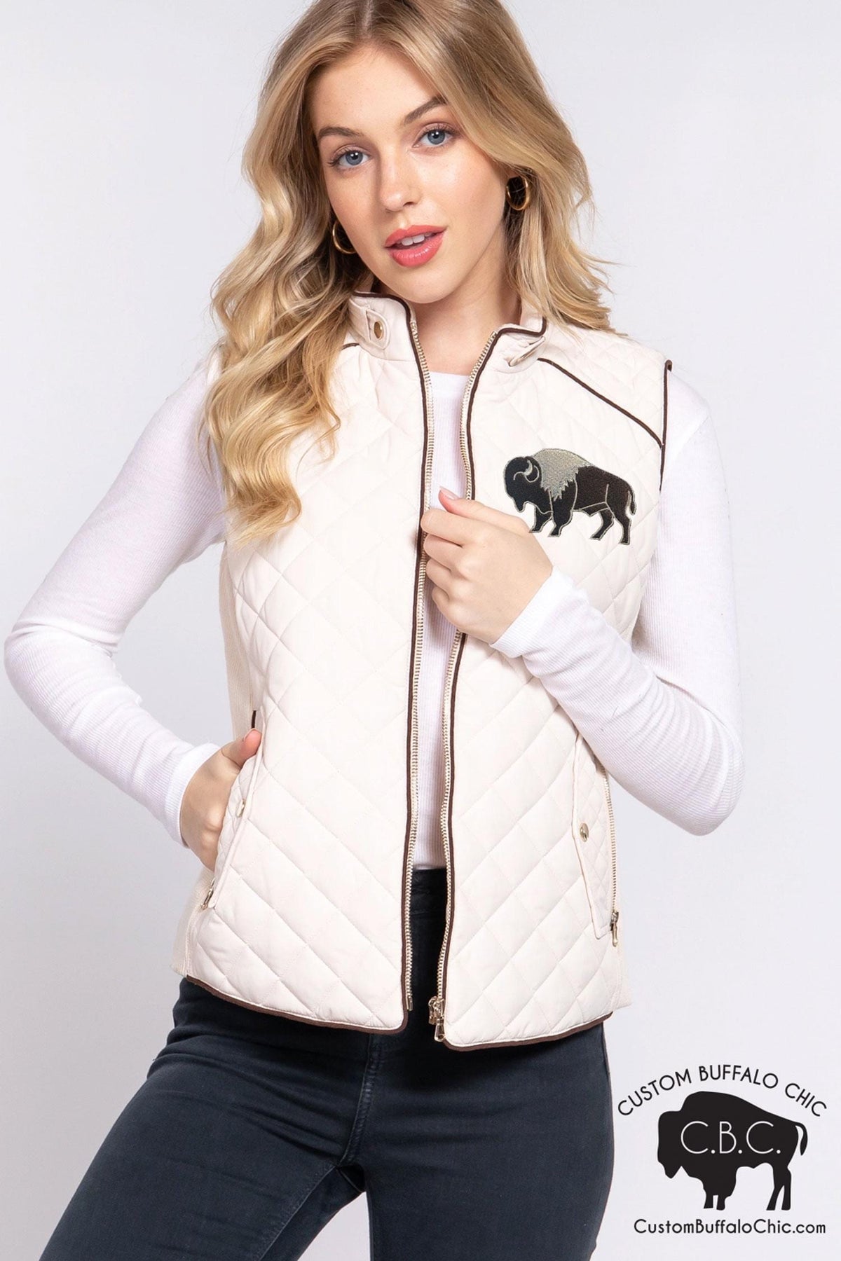 Classic Ivory Quilted Vest – Chocolate Suede Piping | Buffalo Embroidery