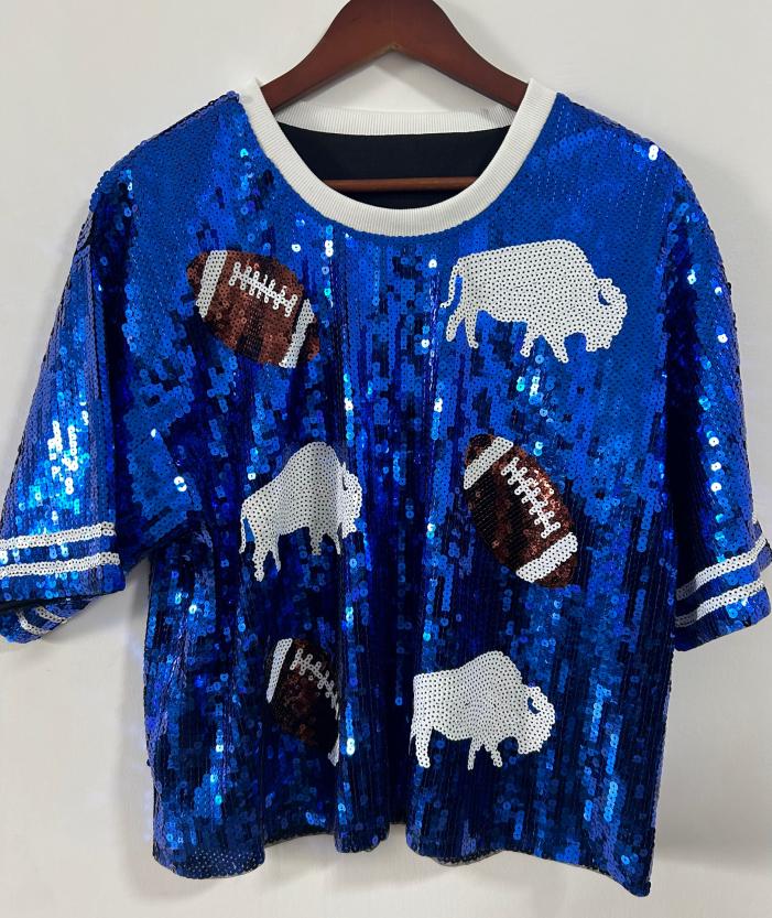 Oversized Cropped Buffalo Sequin Jersey – Women’s Game Day Sparkle Top