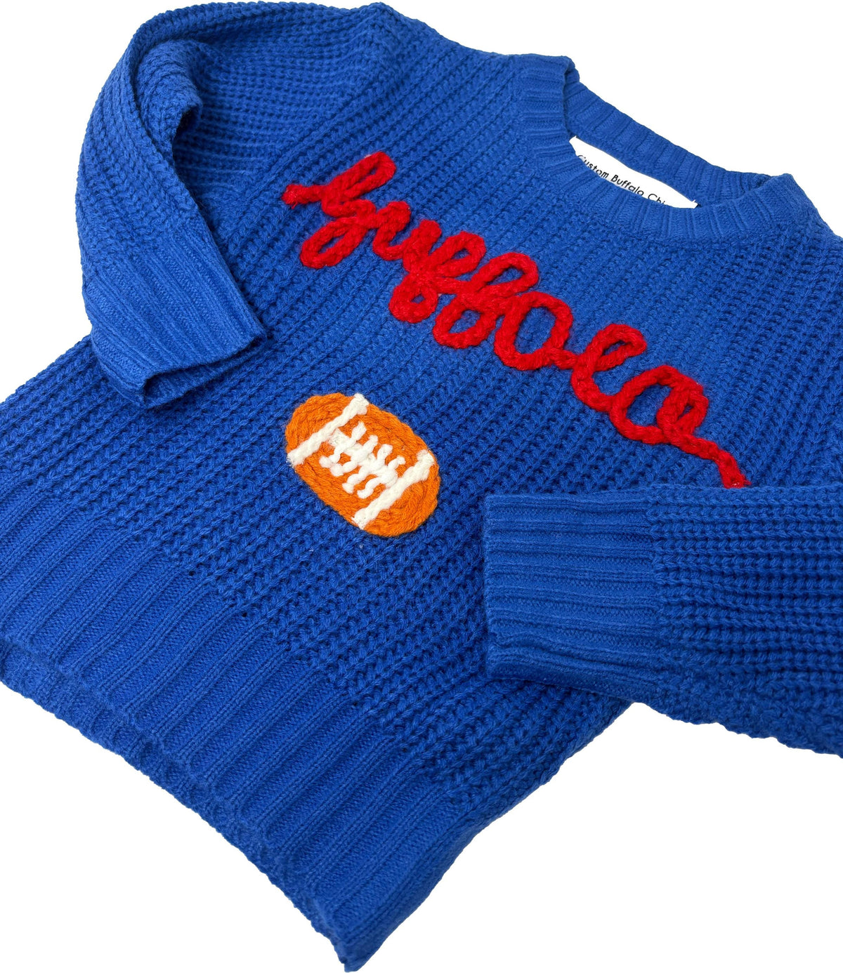 Kid's Hand-Embroidered Buffalo Knit Sweater | Chunky Yarn, Football Design