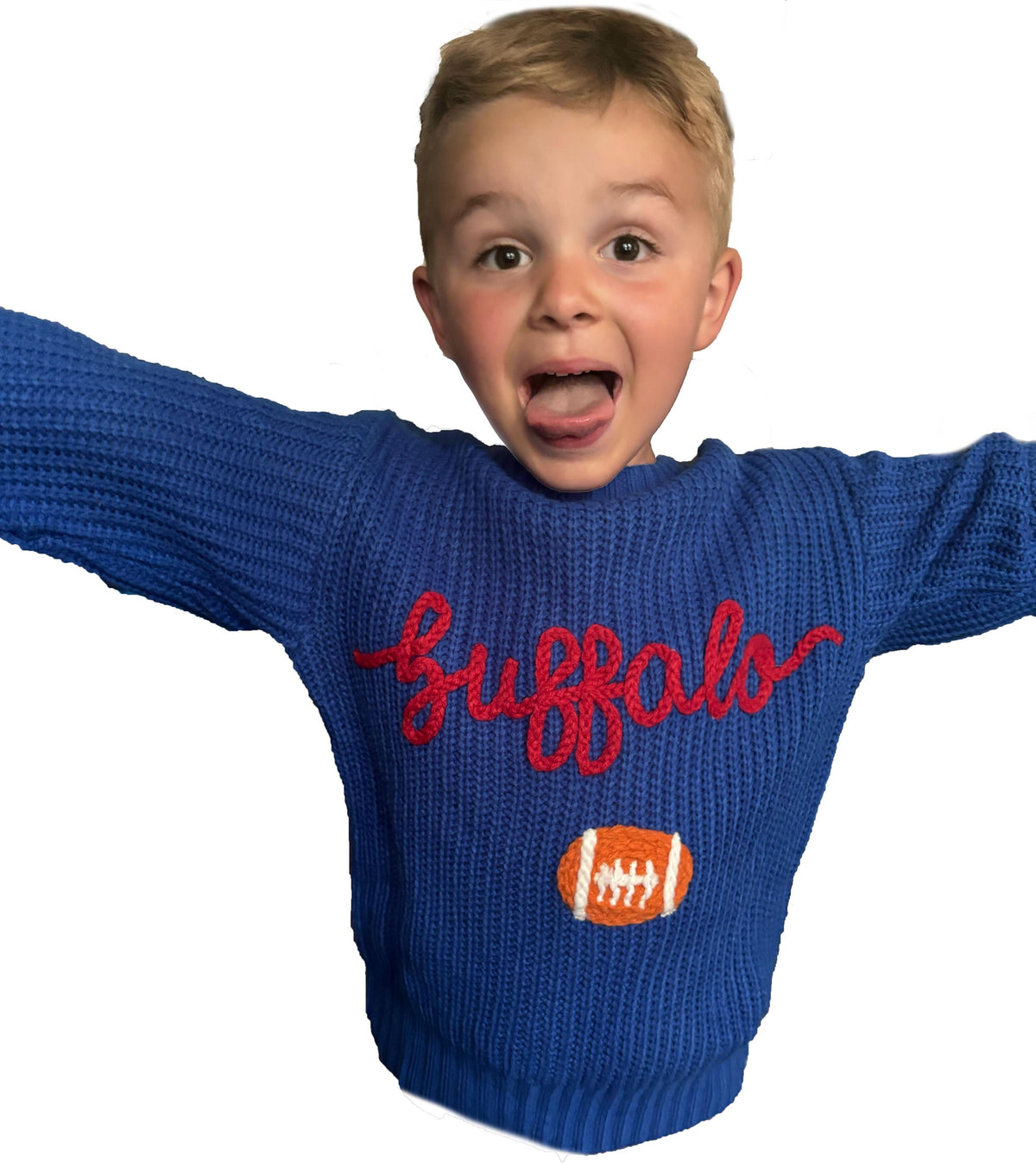 Kid's Hand-Embroidered Buffalo Knit Sweater | Chunky Yarn, Football Design