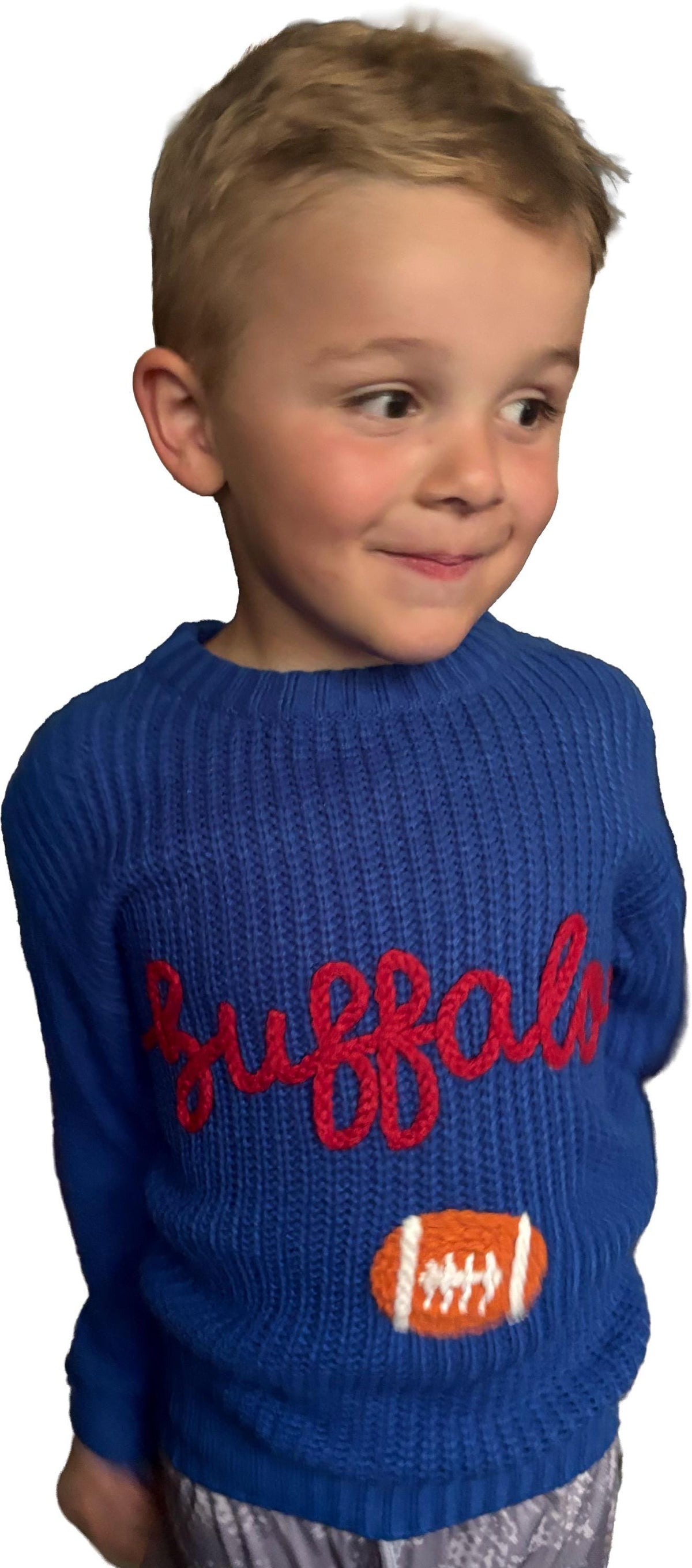 Kid's Hand-Embroidered Buffalo Knit Sweater | Chunky Yarn, Football Design