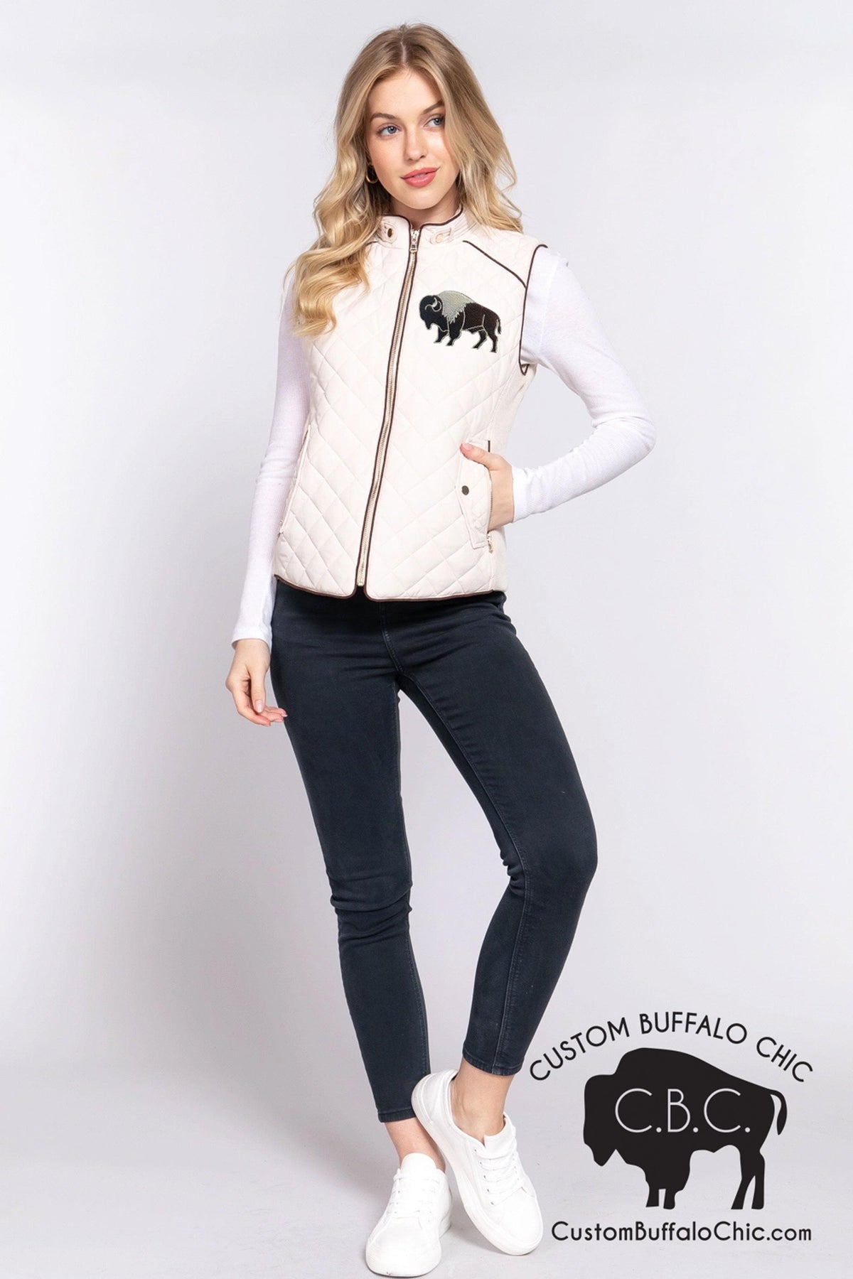 Classic Ivory Quilted Vest – Chocolate Suede Piping | Buffalo Embroidery