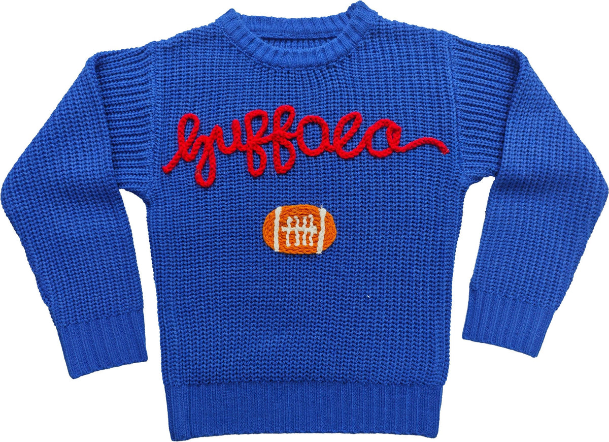 Kid's Hand-Embroidered Buffalo Knit Sweater | Chunky Yarn, Football Design