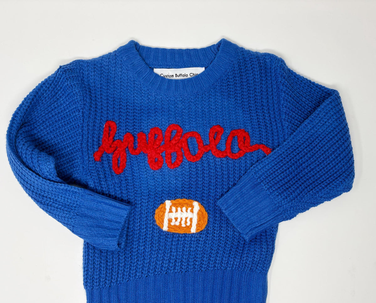 Kid's Hand-Embroidered Buffalo Knit Sweater | Chunky Yarn, Football Design