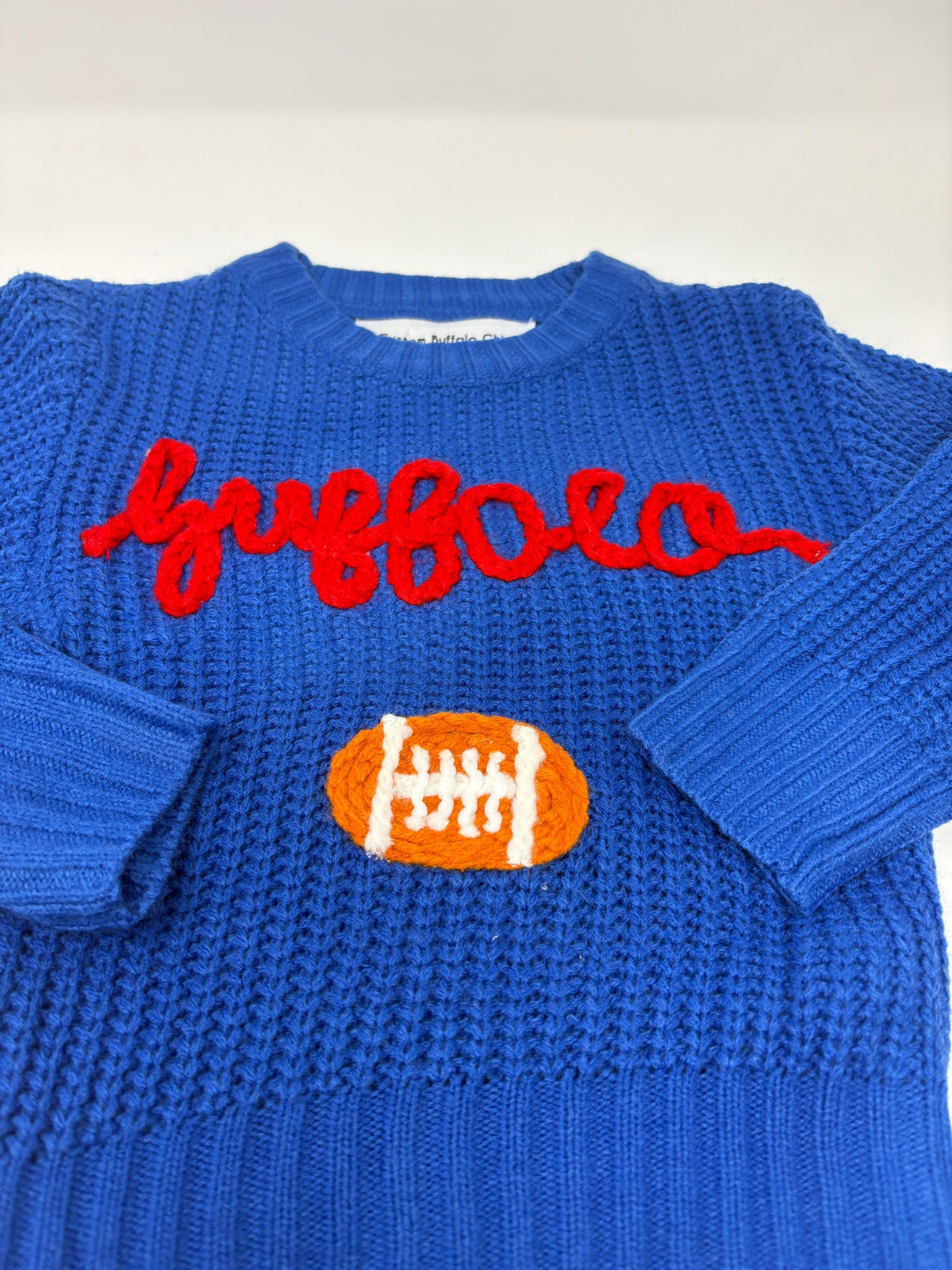 Kid's Hand-Embroidered Buffalo Knit Sweater | Chunky Yarn, Football Design
