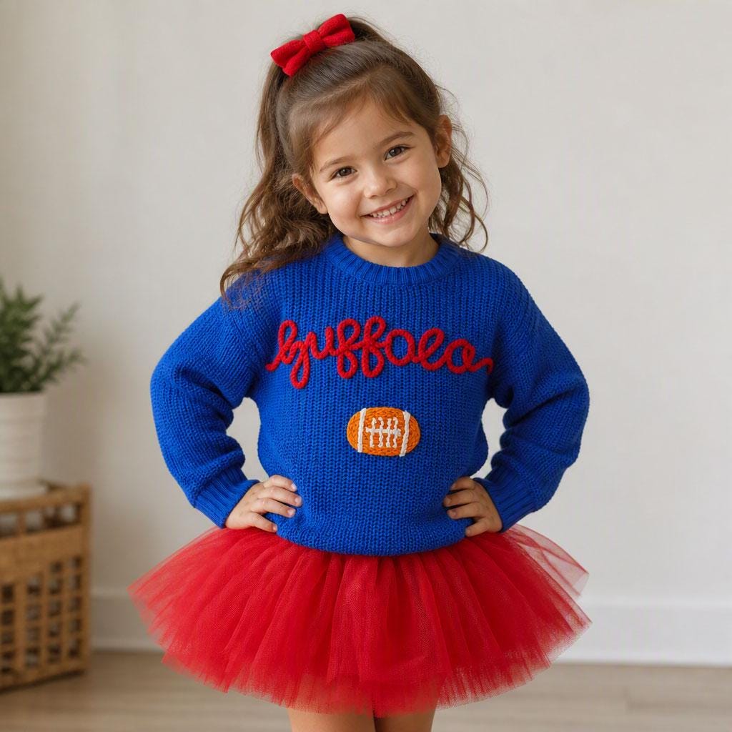 Kid's Hand-Embroidered Buffalo Knit Sweater | Chunky Yarn, Football Design