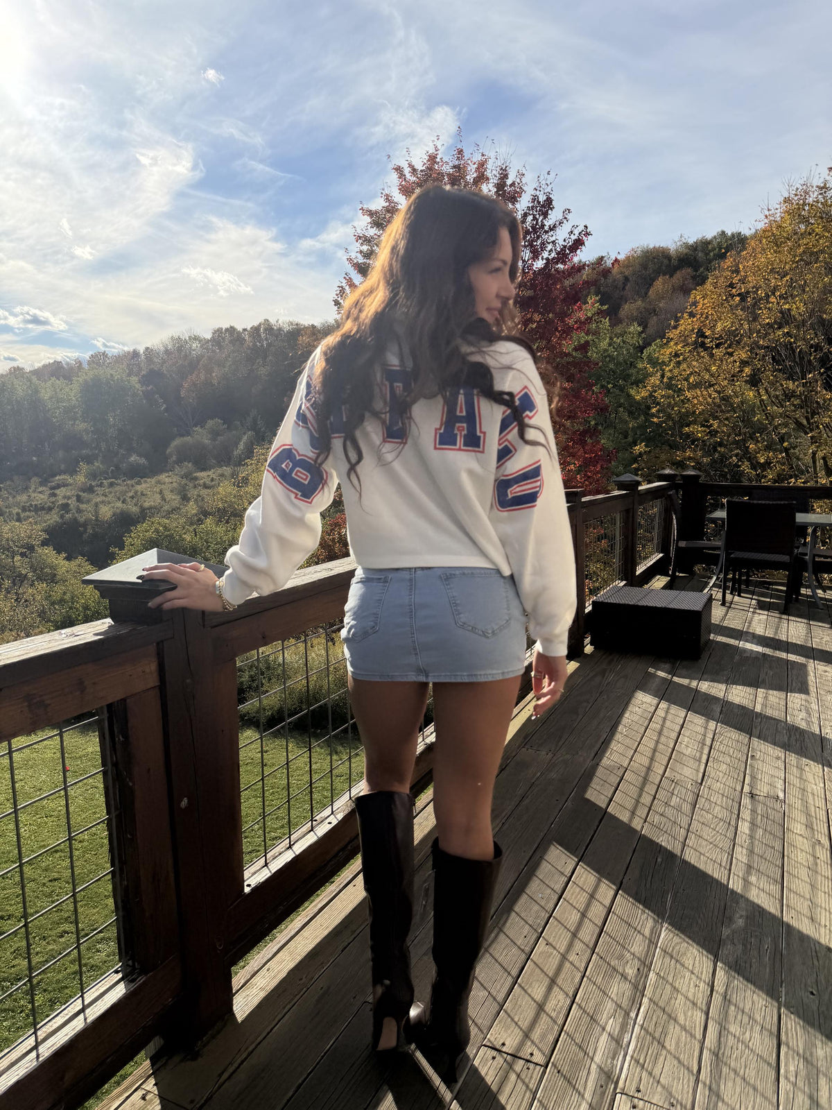 Mock Neck Buffalo Back Cream Crop Sweatshirt