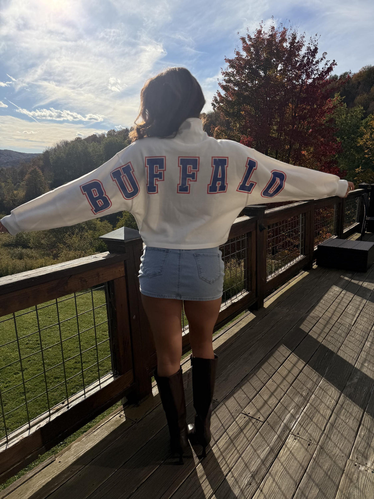 Mock Neck Buffalo Back Cream Crop Sweatshirt