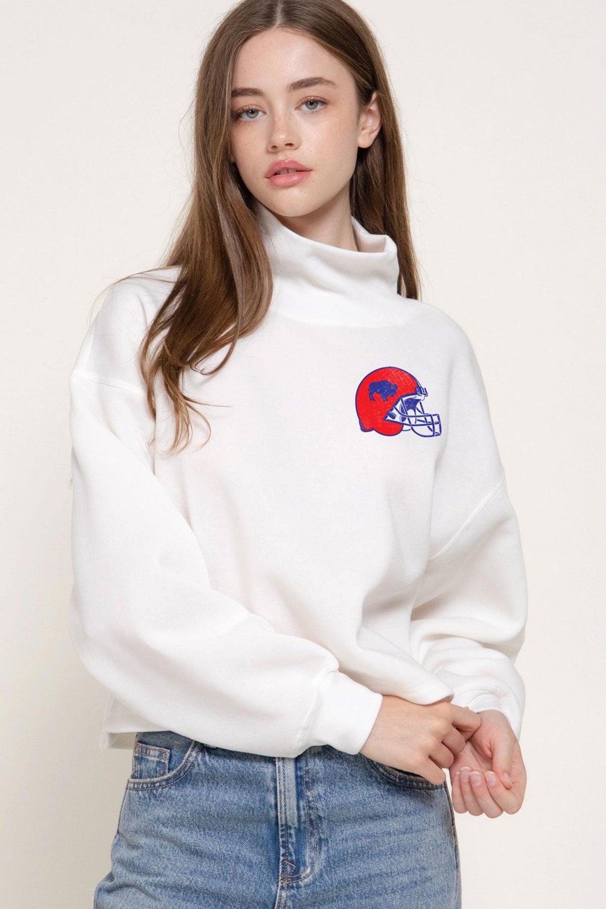 Mock Neck Buffalo Back Cream Crop Sweatshirt