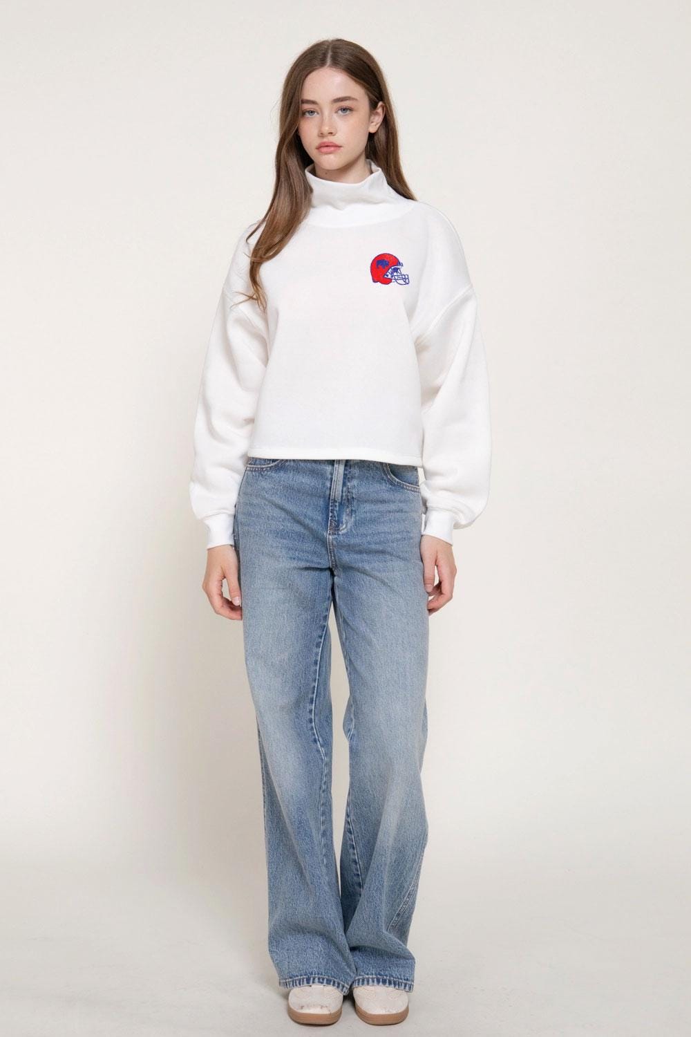 Mock Neck Buffalo Back Cream Crop Sweatshirt