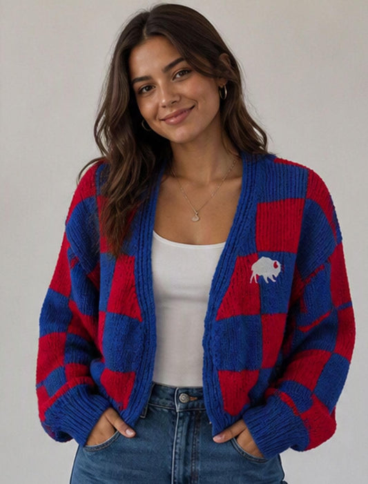 Buffalo Embroidered Blue Red Checkered Chunky Knit Cropped Cardigan