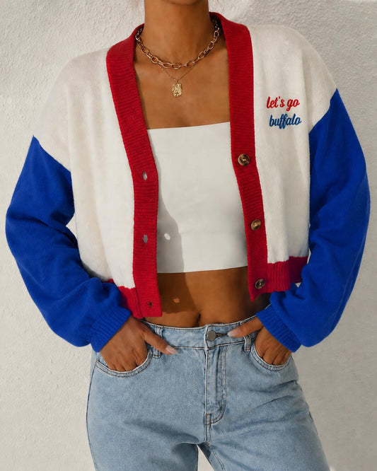 Color Block Knit Cardigan, Red Trim, Embroidered Let's Go Buffalo, Cropped Fit