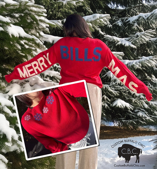 Red Christmas Sweater,  MERRYBILLSMAS Jacquard, Blue Snowflake Embroidered Knit