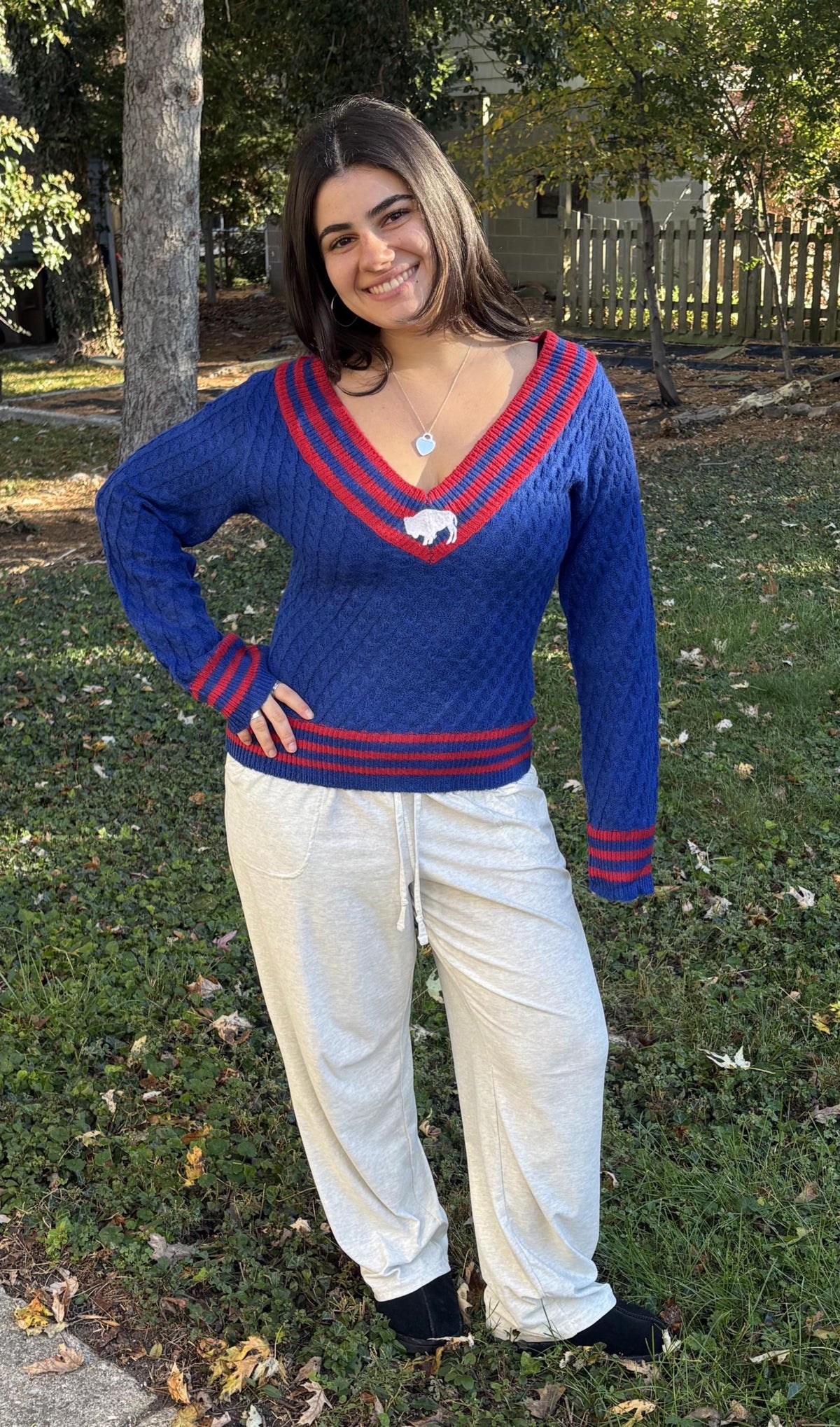 Red and Royal Blue Buffalo V-Neck Sweater
