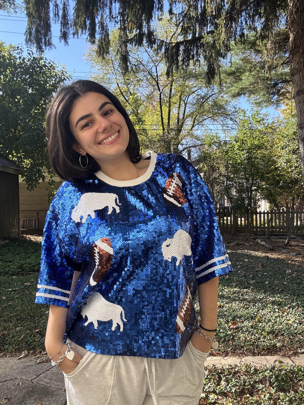 Oversized Cropped Buffalo Sequin Jersey – Women’s Game Day Sparkle Top