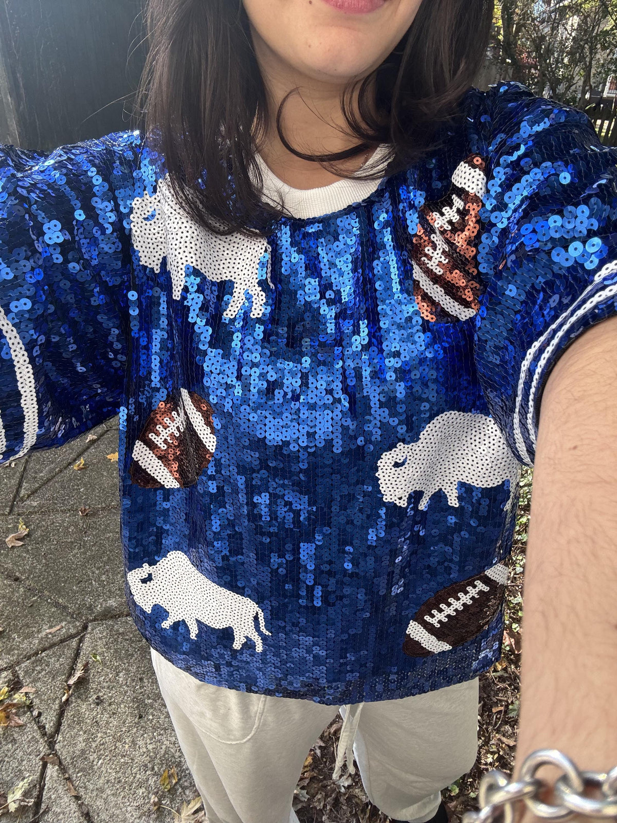 Oversized Cropped Buffalo Sequin Jersey – Women’s Game Day Sparkle Top