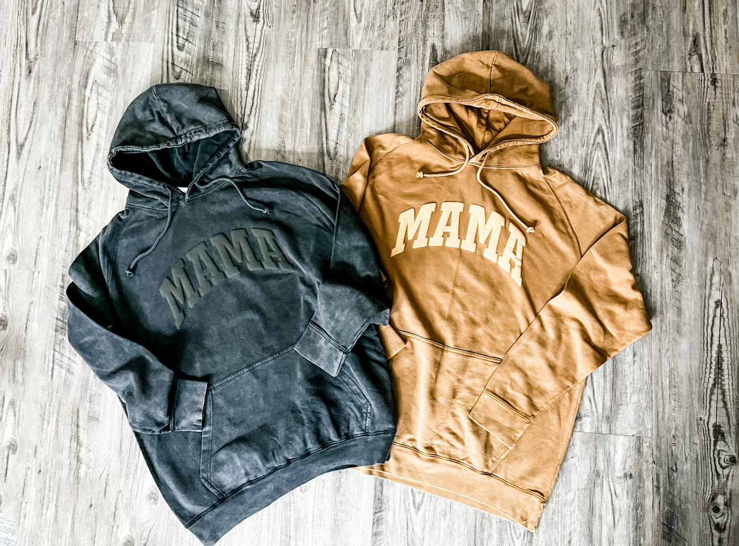 MAMA Sweatshirt | Varsity 3d Puffy Text Tan on Vintage Camel Hoodie | Vintage Black Mineral Wash on Black