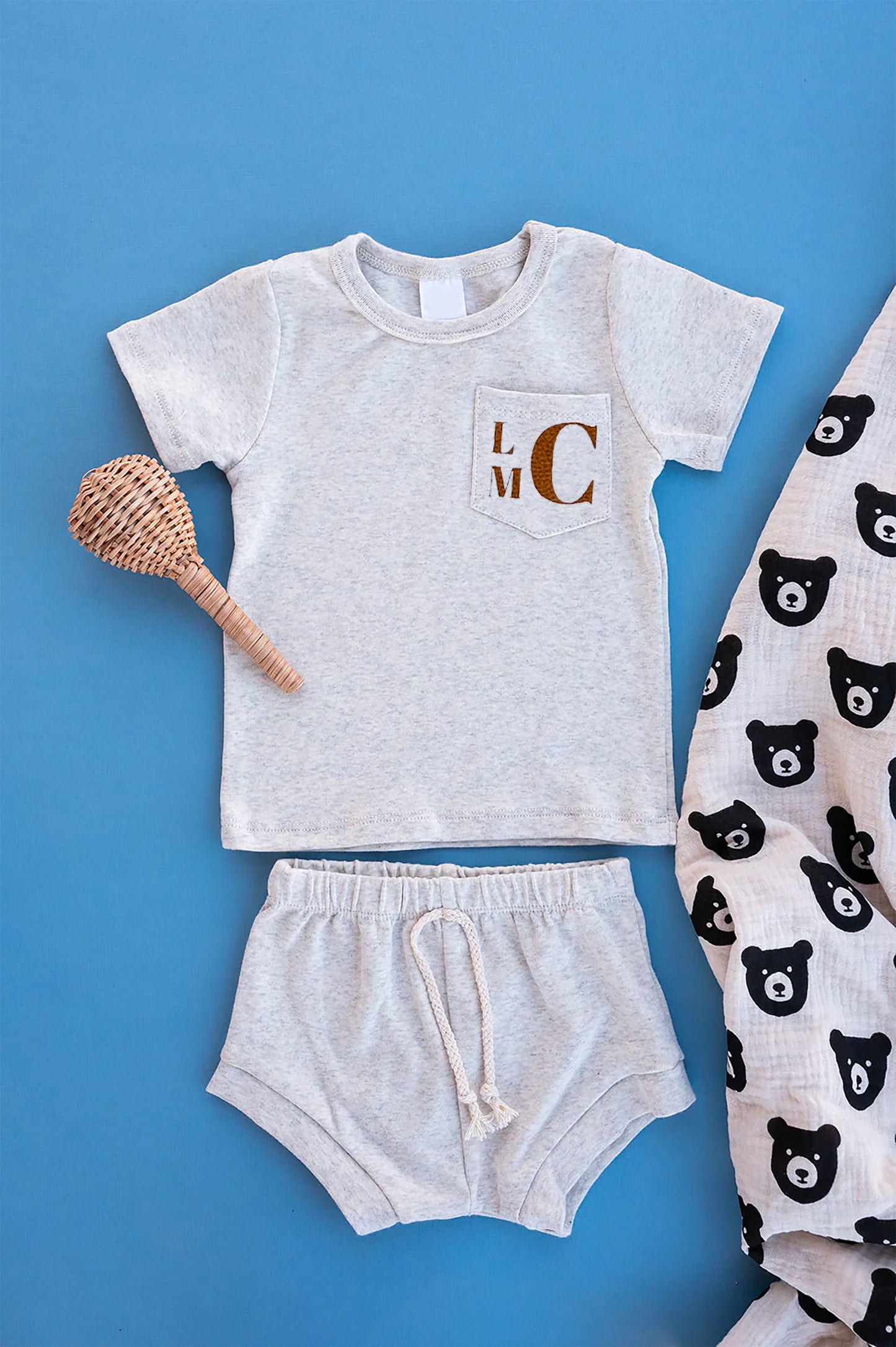 Baby Boy Monogram shirt short set | Oatmeal
