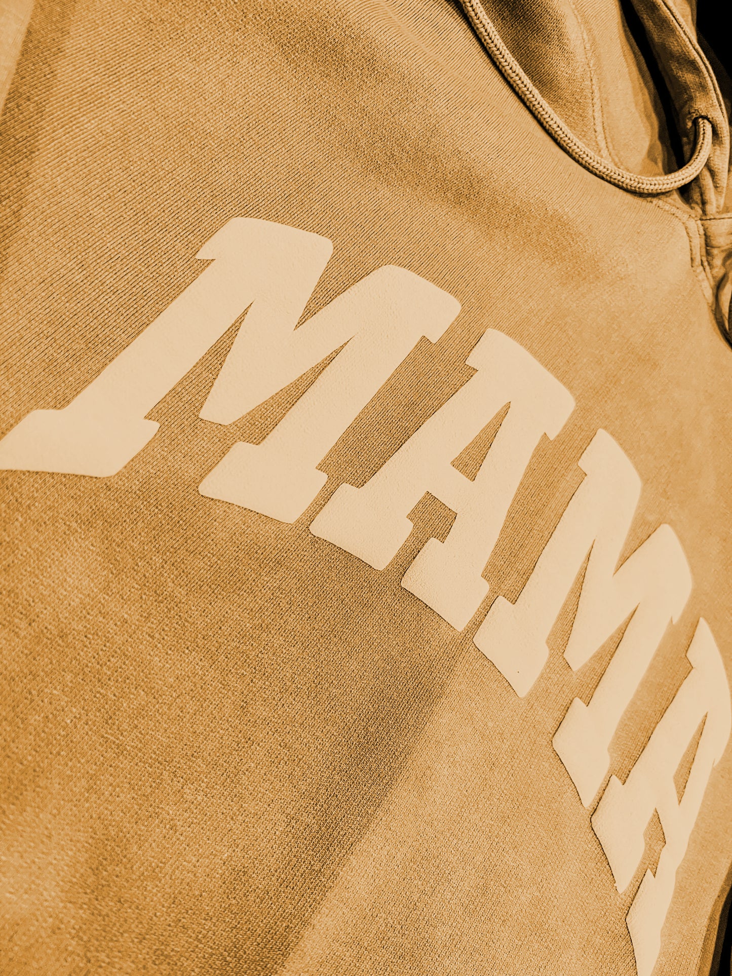MAMA Sweatshirt | Varsity 3d Puffy Text Tan on Vintage Camel Hoodie | Vintage Black Mineral Wash on Black